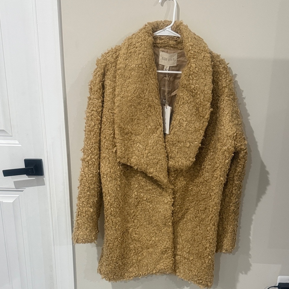 Moon River Camel Teddy Coat with Shawl Collar